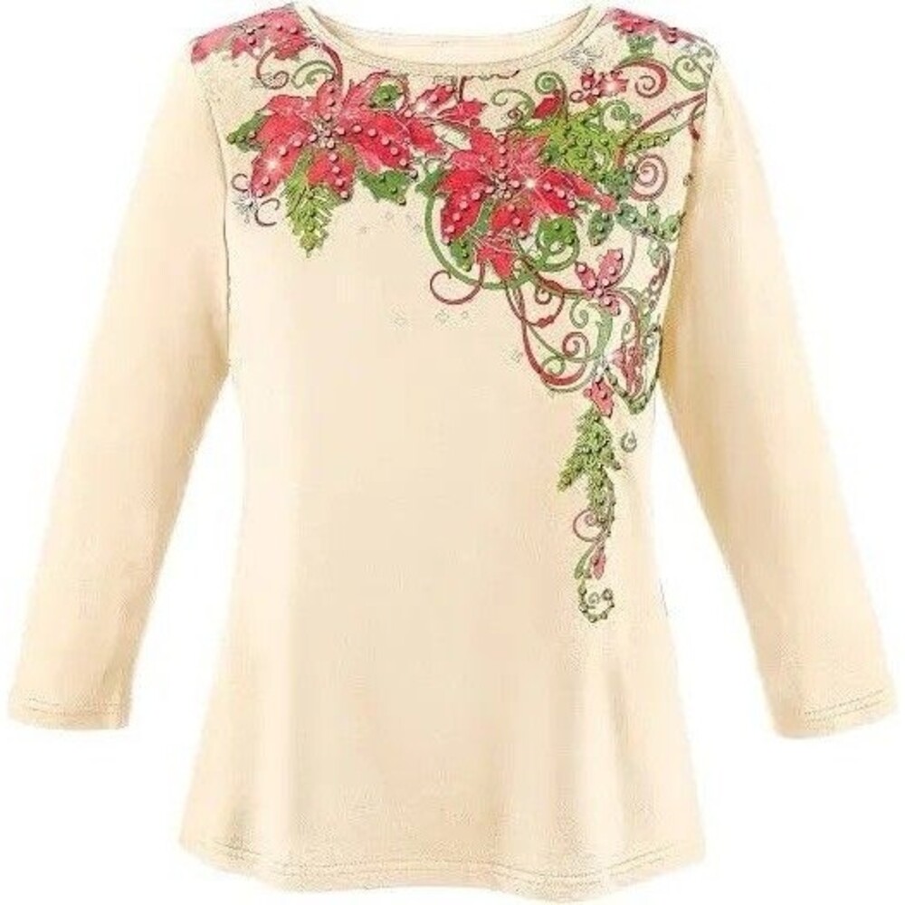 Collections Etc. Women's Poinsettia Sequin Christmas Top with 3/4 Sleeve